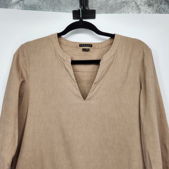 Theory | Helda Linen-Blend Tan Minimalist Tunic Mini Dress Women's 4 - Picture 8 of 9